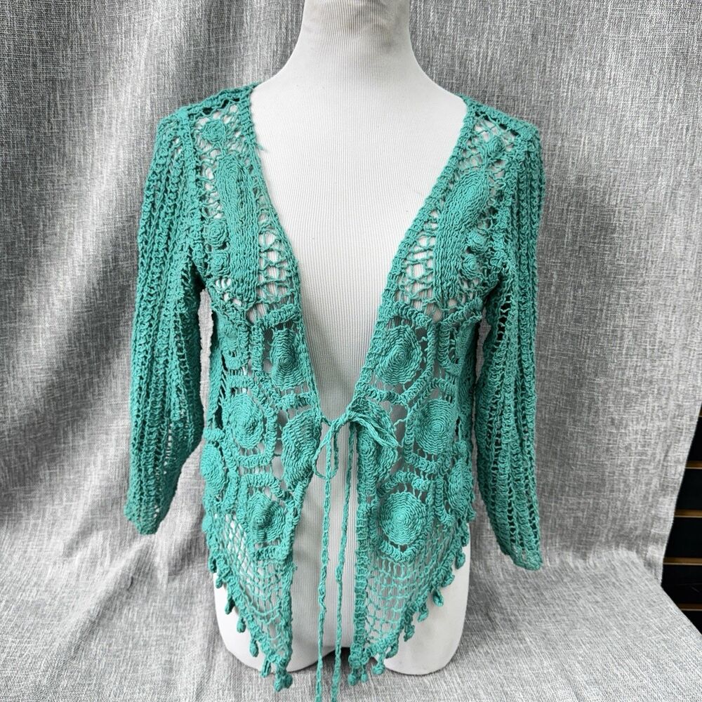 Fever Womens M Teal Crochet Cardigan Front Tie Open Knit Boho Cover Up Cotton